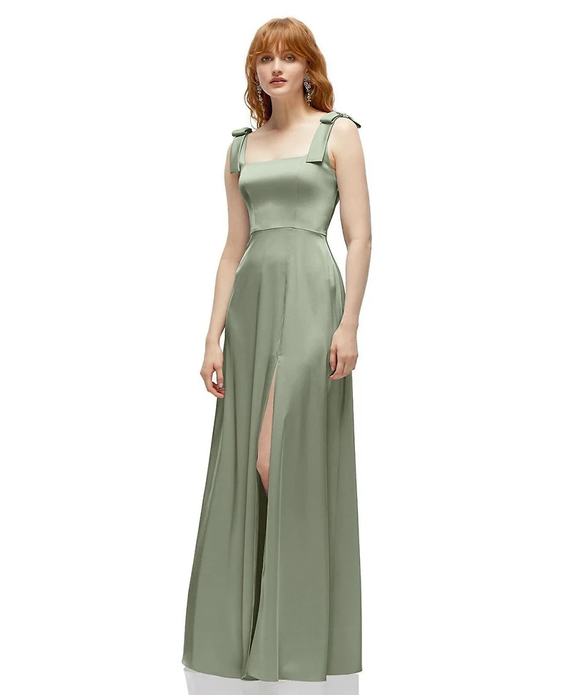 After Six Plus Square Neck Fluid Satin Maxi Dress with Bow Straps