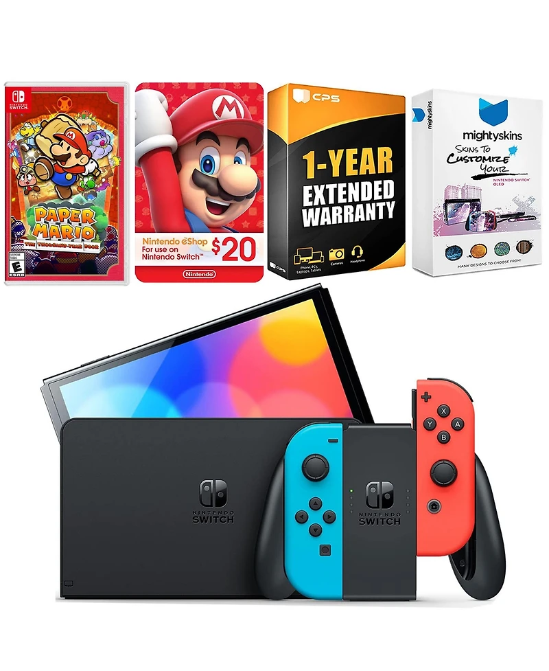 Nintendo Switch Neon Red & Blue Oled Console with Paper Mario: the Thousand Year Door, Nintendo $20 eShop Gift Card