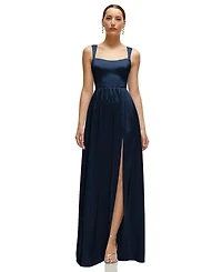 After Six Plus Shaped Strap Portrait Neckline Fluid Satin Maxi Dress with Full Skirt
