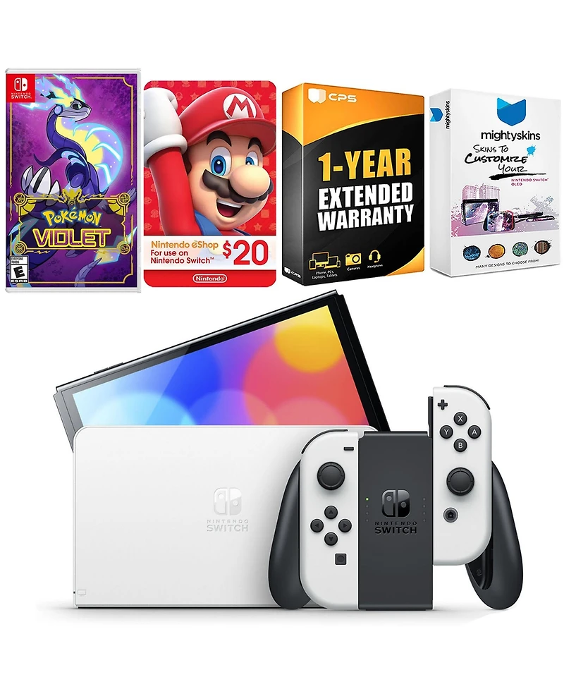 Nintendo Switch White Oled Console with Pokemon Violet, Nintendo $20 eShop Gift Card, MightySkins Console and Controller Skin Voucher
