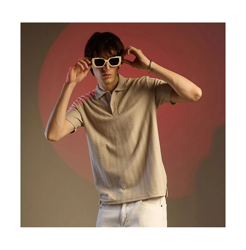 Campus Sutra Men's Saltbox Beige Chevron Polo T-Shirt