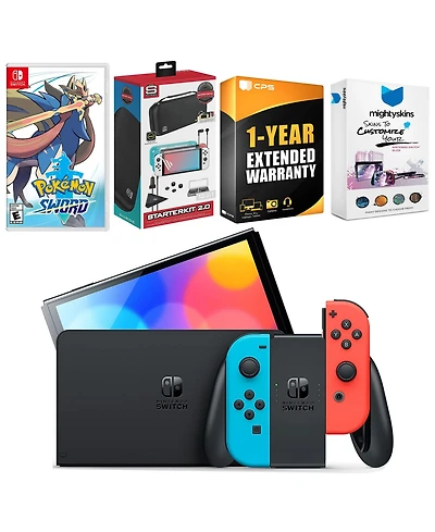 Nintendo Switch Neon Red & Blue Oled Console with Pokemon Sword Edition, Surge Accessory Gaming Kit, MightySkins Console and Controller Skin Voucher