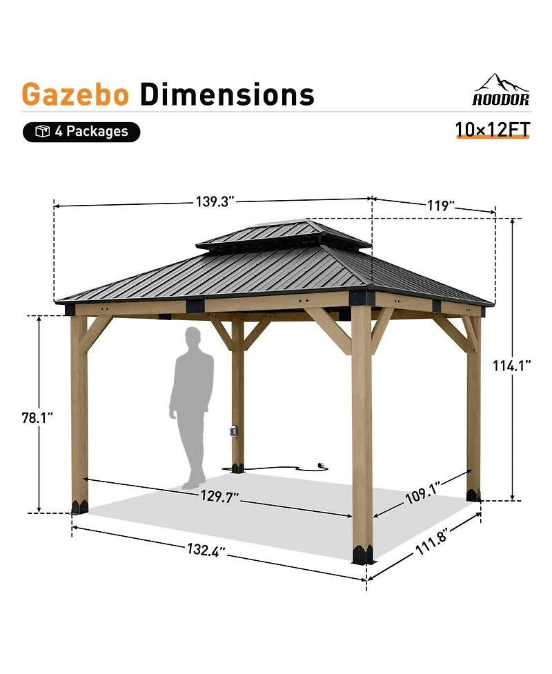 Aoodor 10 x 12 ft Wooden Frame Gazebo with 2-Tier Galvanized Metal Hardtop Roof, Outdoor Patio Gazebo with Charging Socket