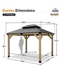 Aoodor 10 x 12 ft Wooden Frame Gazebo with 2-Tier Galvanized Metal Hardtop Roof, Outdoor Patio Gazebo with Charging Socket