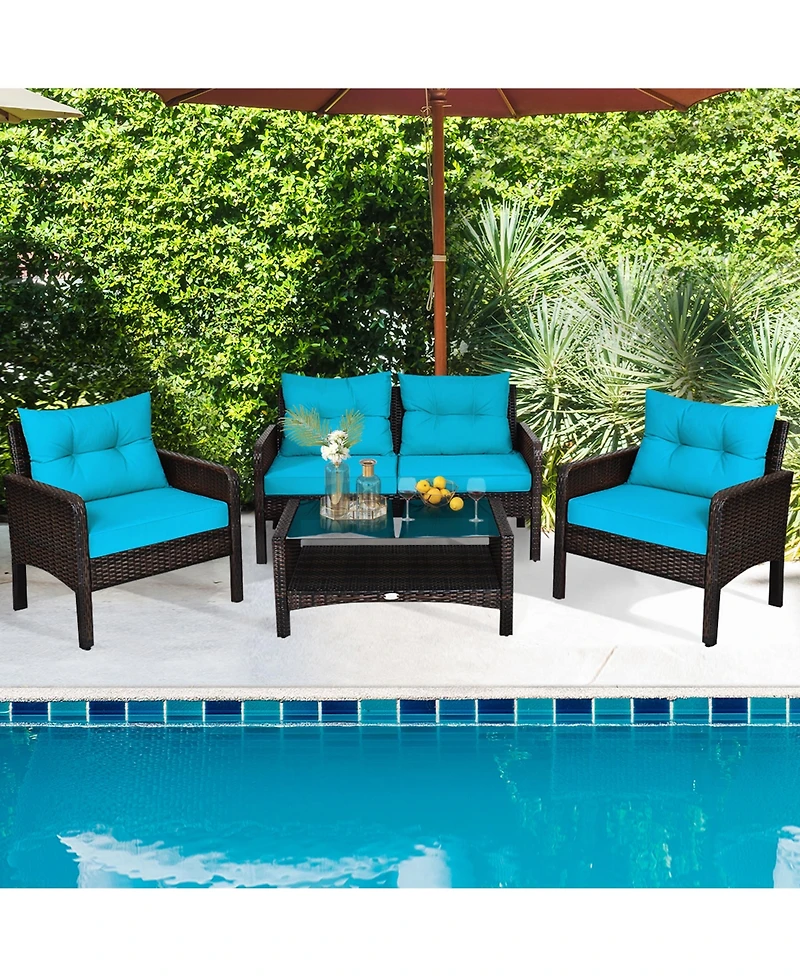Gymax 4PCS Rattan Patio Furniture Conversation Set Cushioned Outdoor Furniture Set