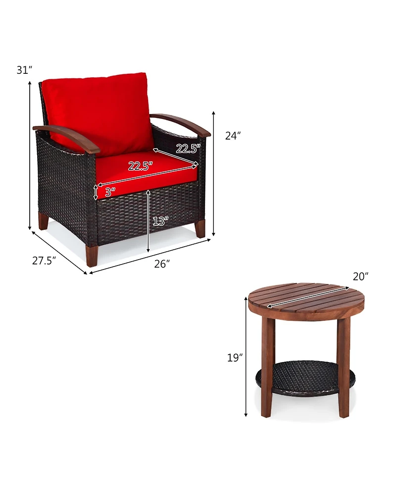 Gymax 3PCS Patio Wicker Rattan Conversation Set Outdoor Furniture Set w/ Red Cushion