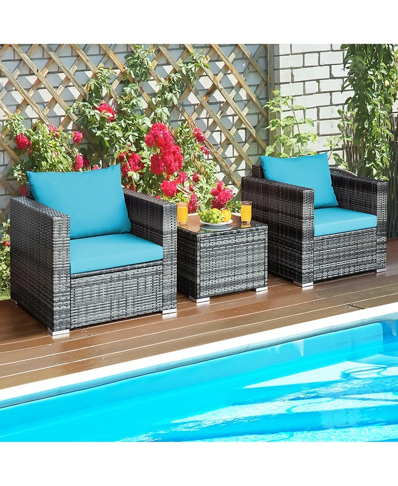 Gymax 3PCS Rattan Patio Conversation Furniture Set Outdoor Yard w/ Cushion