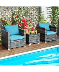 Gymax 3PCS Rattan Patio Conversation Furniture Set Outdoor Yard w/ Cushion