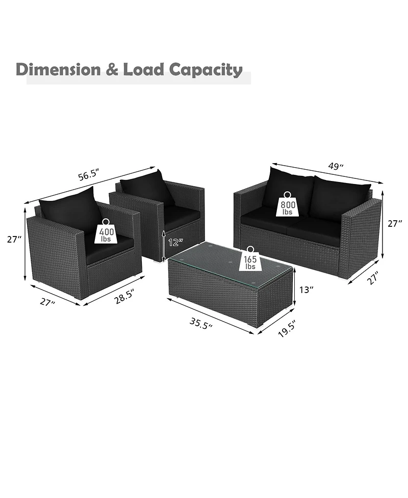 Gymax 4 Piece Rattan Outdoor Furniture Set Patio Conversation Set Cushions and Coffee Table