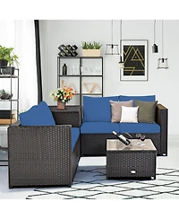Gymax 4PCS Cushioned Rattan Patio Conversation Set w/ Side Table Navy Cushion