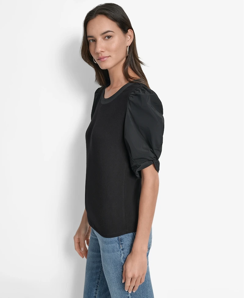 Dkny Women's Mixed-Media Taffeta Puff-Sleeve Top