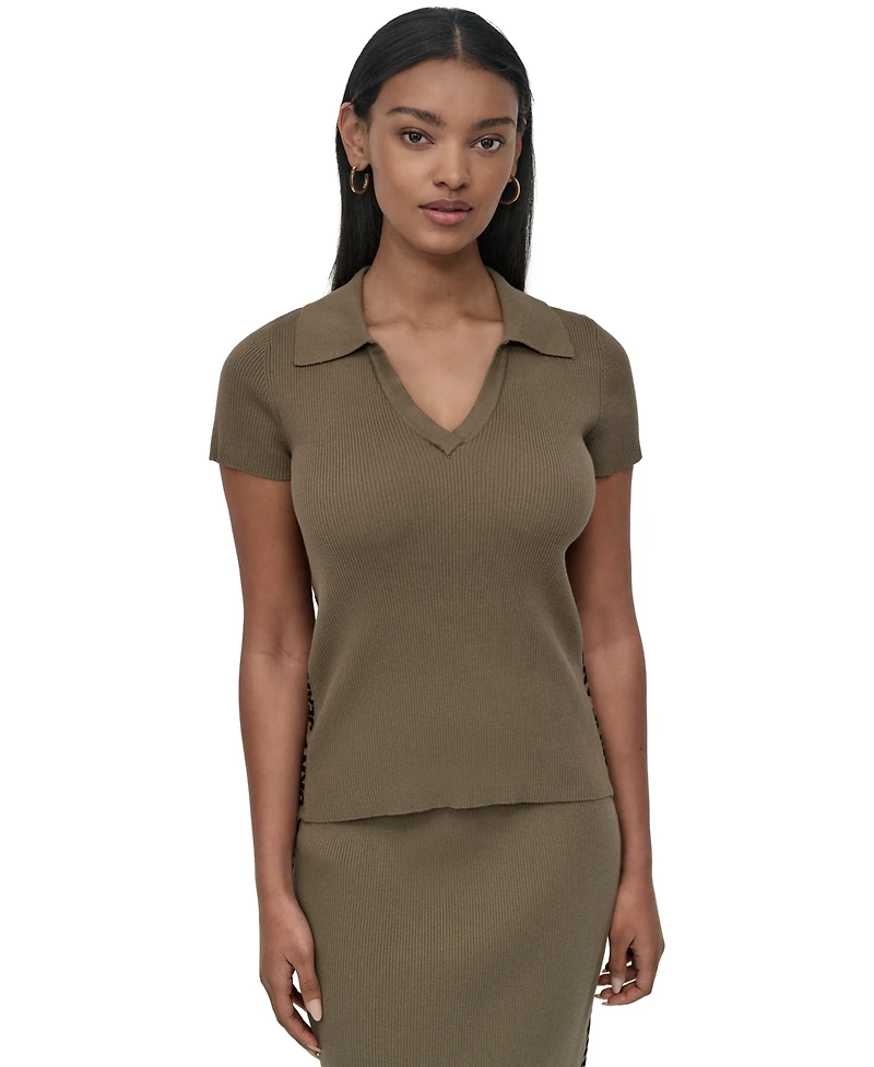 Dkny Jeans Women's V-Neck Side-Logo Rib-Knit Short Sleeve Polo Top