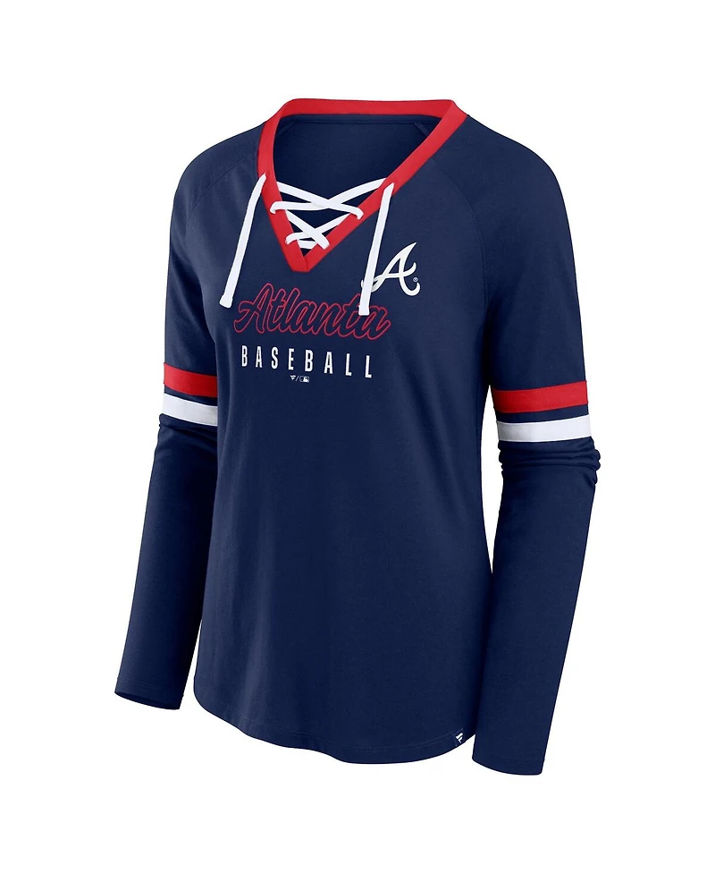 Fanatics Women's Navy Atlanta Braves Won Done Raglan Lace-Up Long Sleeve T-Shirt