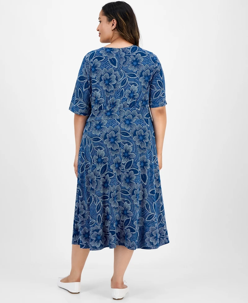 London Times Plus Short-Sleeve Printed Fit & Flare Midi Dress