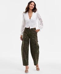 Avec Les Filles Women's Cotton Pintuck Lace-Trim Button-Front Blouse