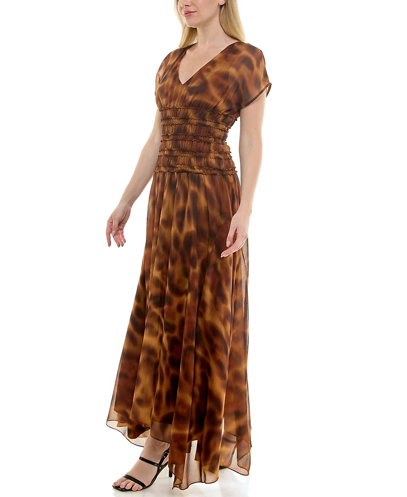 Taylor Women's Printed Chiffon Smocked-Waist Handkerchief Hem Dress