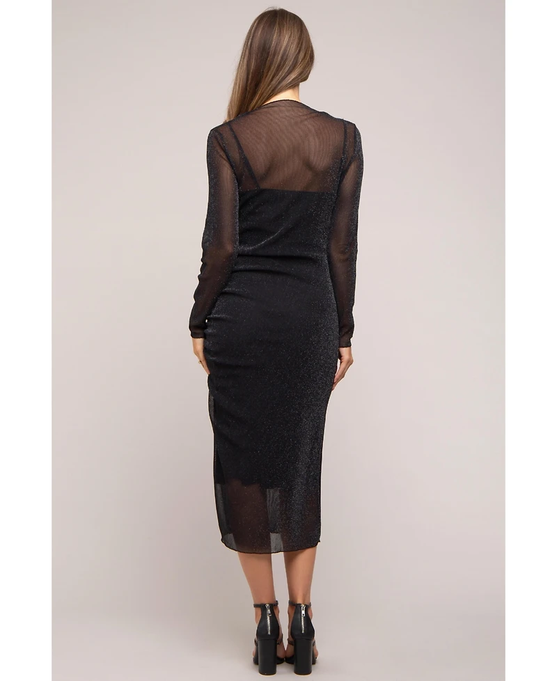 Pinkblush Maternity Black Shimmer Mesh Long Sleeve Ruched Midi Dress