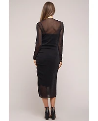 Pinkblush Maternity Black Shimmer Mesh Long Sleeve Ruched Midi Dress
