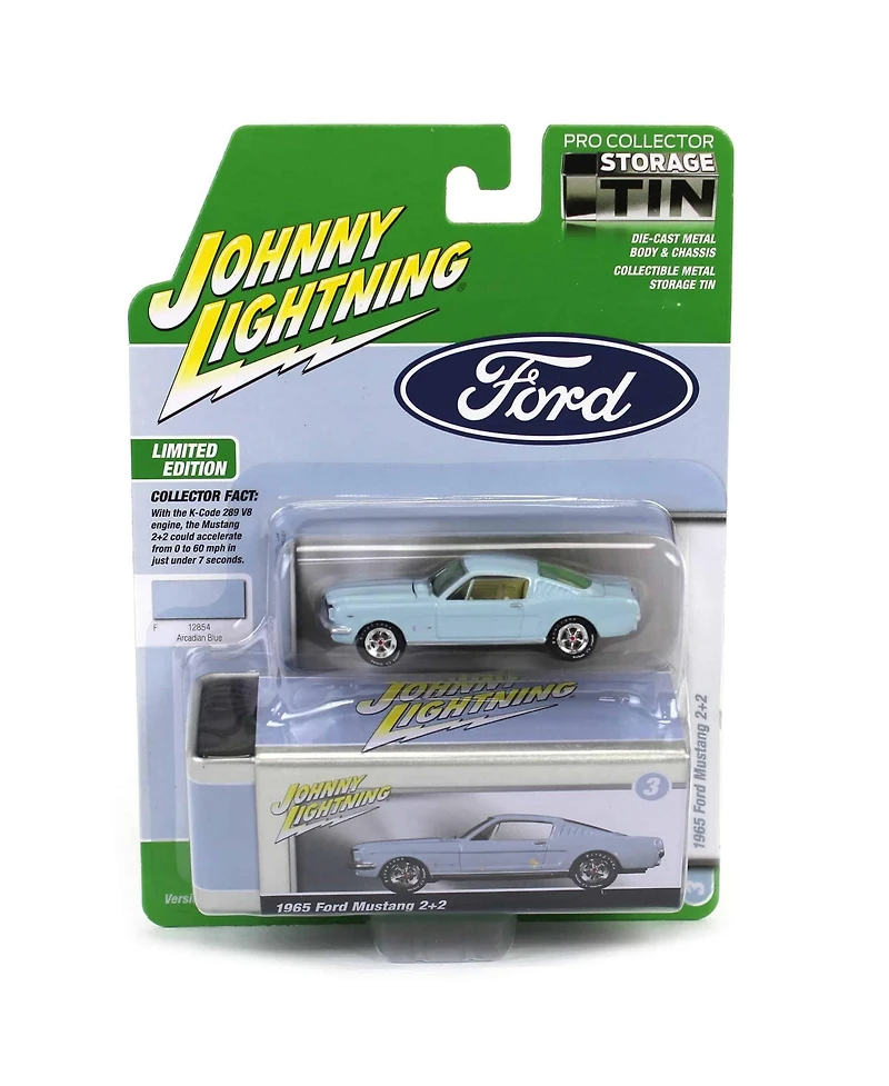 1/64 1965 Ford Mustang Fastback Blue Johnny Lightning Collector Tin