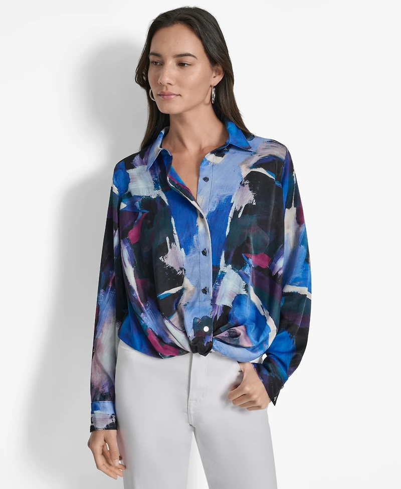 Dkny Women's Printed Long-Sleeve Twist-Front Blouse