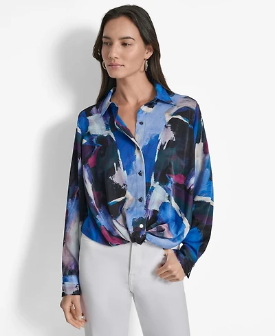 Dkny Women's Printed Long-Sleeve Twist-Front Blouse