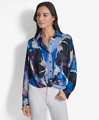 Dkny Women's Printed Long-Sleeve Twist-Front Blouse