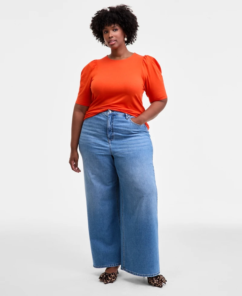 On 34th Trendy Plus Printed Ruched Puff-Sleeve Crewneck Top, Macy's Exclusive