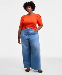 On 34th Trendy Plus Printed Ruched Puff-Sleeve Crewneck Top, Macy's Exclusive