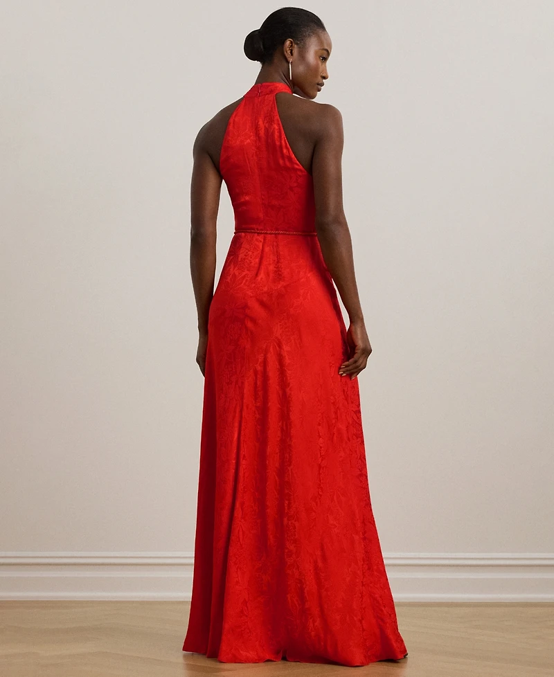 Lauren Ralph Women's Belted Floral Jacquard Halter Gown