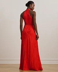 Lauren Ralph Women's Belted Floral Jacquard Halter Gown