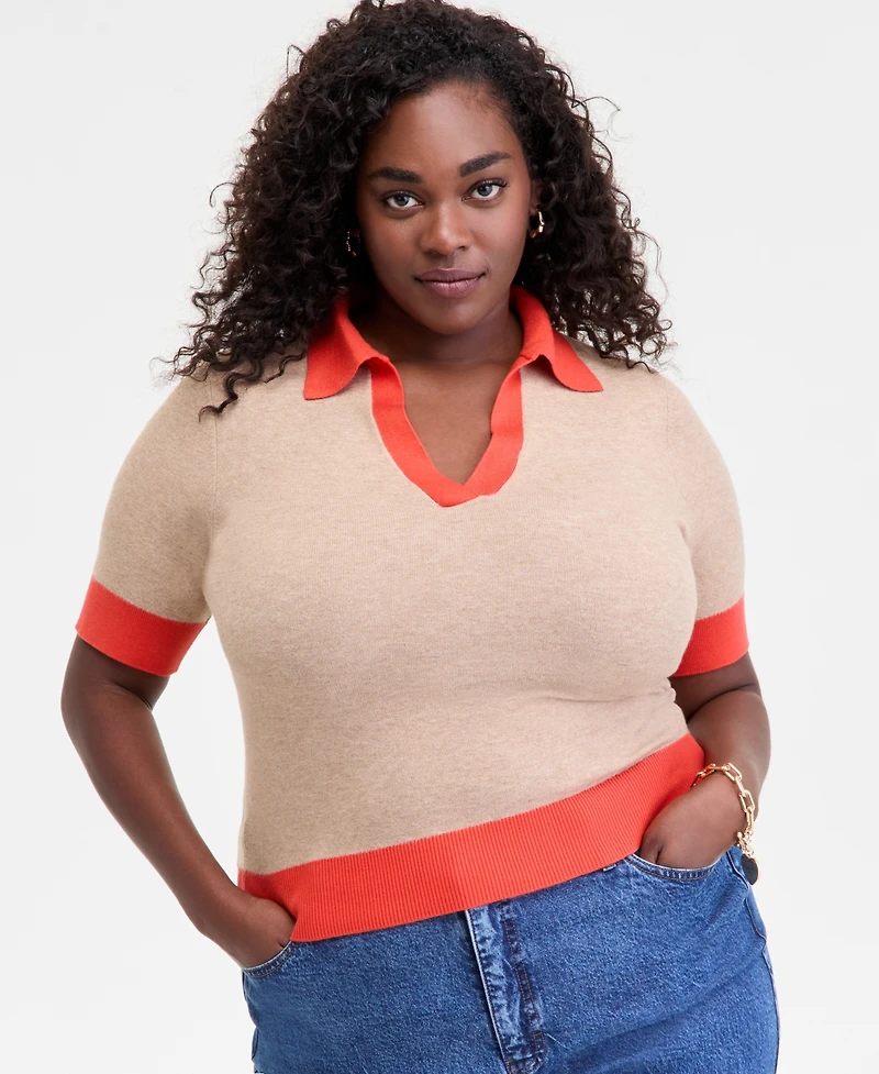 On 34th Trendy Plus Collared Contrast-Trim Sweater, Macy's Exclusive