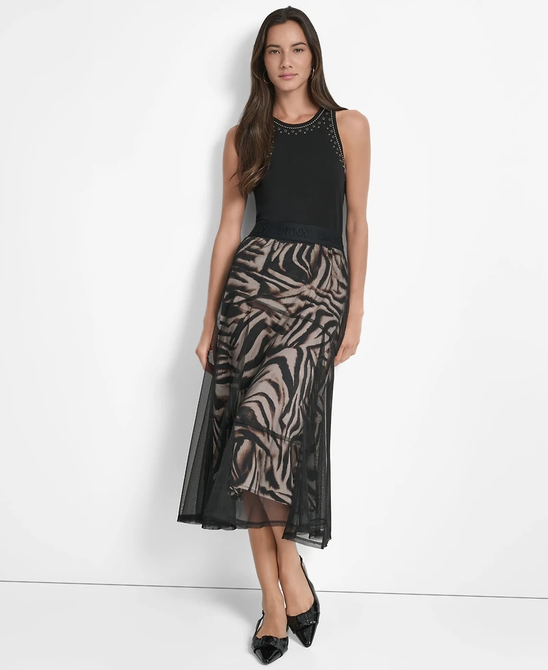 Dkny Women's Printed Mesh Layered Midi Skirt