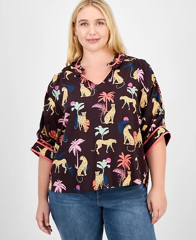 Democracy Trendy Plus Printed Elbow-Sleeve Split-Neck Top
