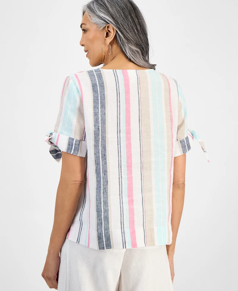 Charter Club Women's Striped 100% Linen Tied-Sleeve Top, Exclusively at Macy's