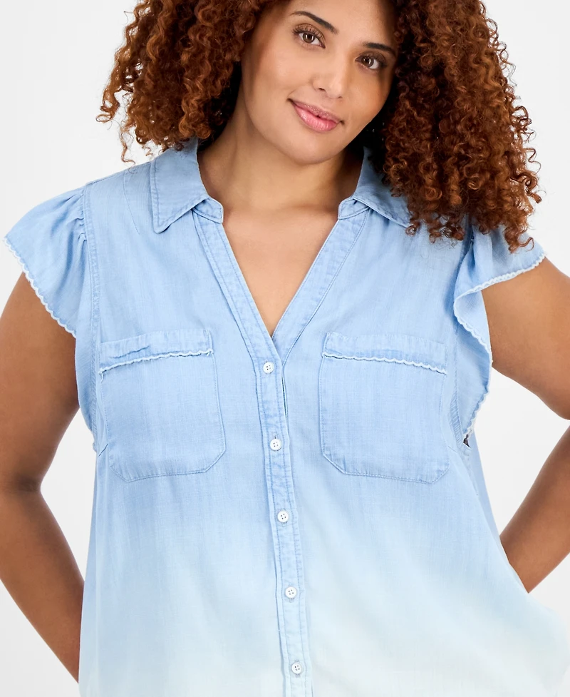 Democracy Trendy Plus Collared Flutter-Sleeve Top