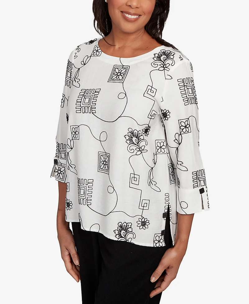 Alfred Dunner Women's Santa Barbara Geometric Floral Soutache Embroidered Top