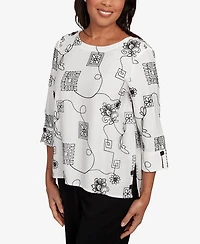 Alfred Dunner Women's Santa Barbara Geometric Floral Soutache Embroidered Top