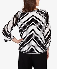 Alfred Dunner Women's Santa Barbara Chevron Crochet Bell Sleeve Top