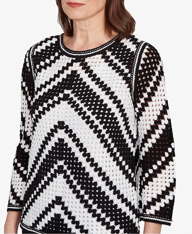 Alfred Dunner Women's Santa Barbara Chevron Crochet Bell Sleeve Top