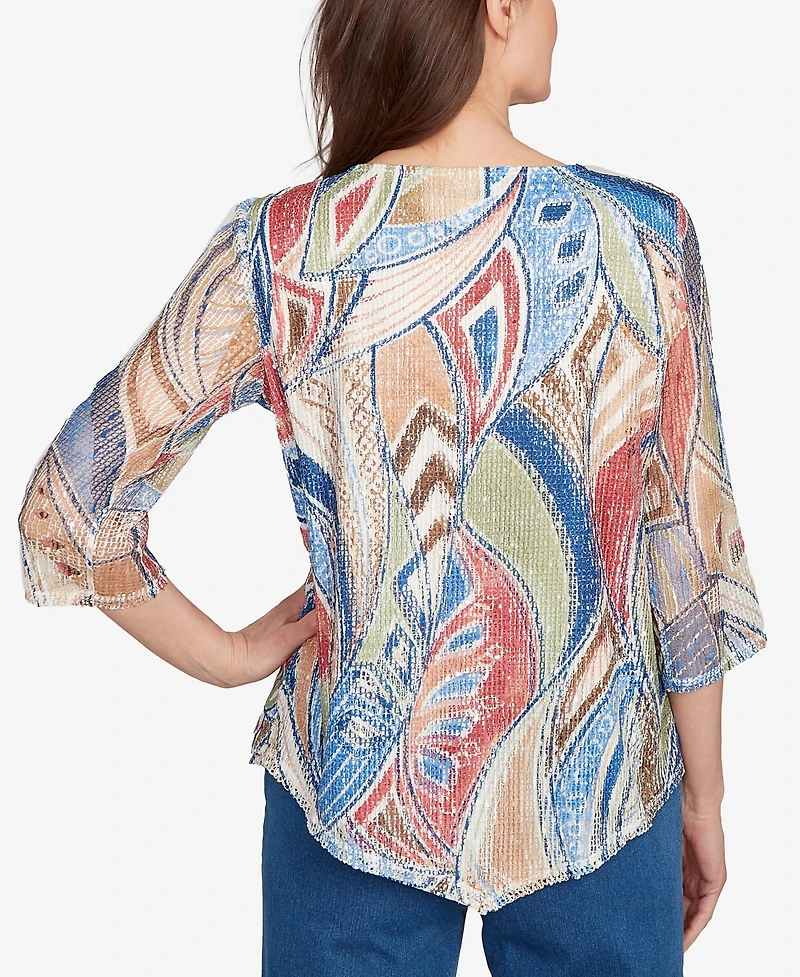 Alfred Dunner Women's El Paso Printed Leaf Textured Top with Necklace