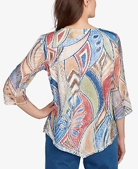 Alfred Dunner Women's El Paso Printed Leaf Textured Top with Necklace