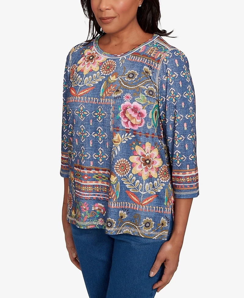 Alfred Dunner Women's El Paso Mixed Pattern Floral Patch Top