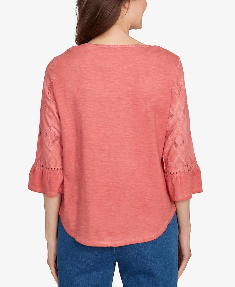 Alfred Dunner Women's El Paso Diamond Textured Spliced Bell Sleeve Top