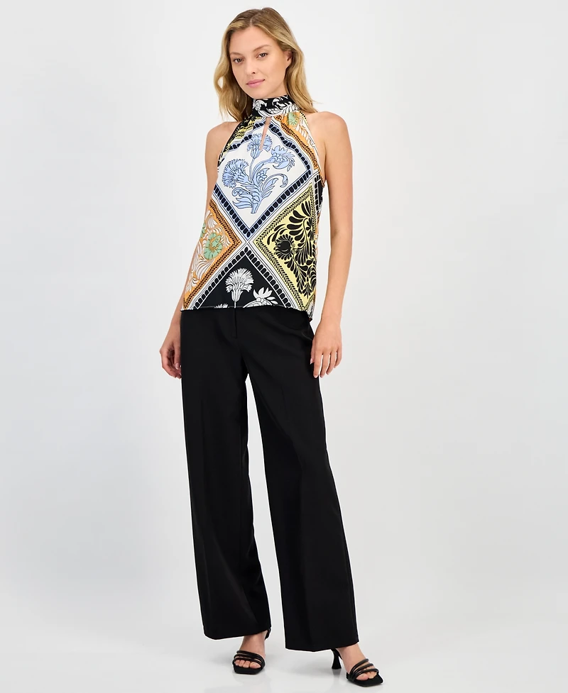 T Tahari Women's Printed Halter-Neck Keyhole Blouse