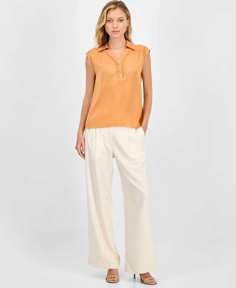 T Tahari Women's Solid Collared Cap-Sleeve V-Neck Blouse