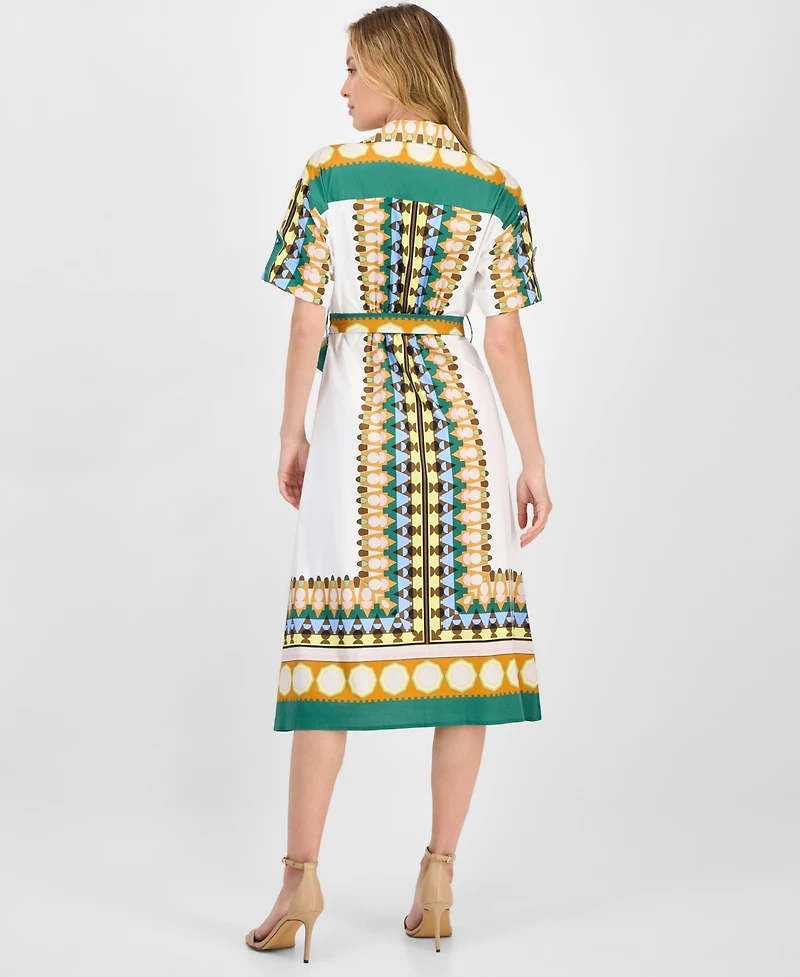 T Tahari Women's Printed Elbow-Sleeve Tie-Waist Split-Neck Midi Dress