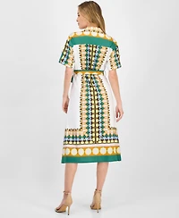 T Tahari Women's Printed Elbow-Sleeve Tie-Waist Split-Neck Midi Dress