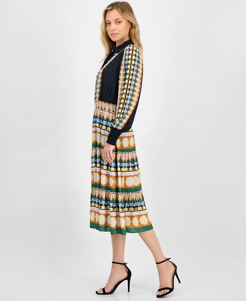 T Tahari Women's Printed Half-Placket Smocked-Waist Midi Dress