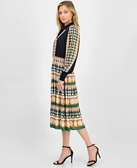 T Tahari Women's Printed Half-Placket Smocked-Waist Midi Dress