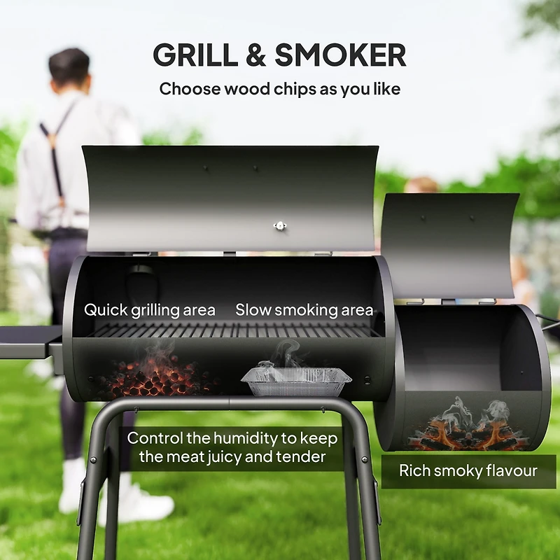 Outsunny 231 Sq.In. Steel Portable Charcoal Bbq Grill and Offset Smoker Combo